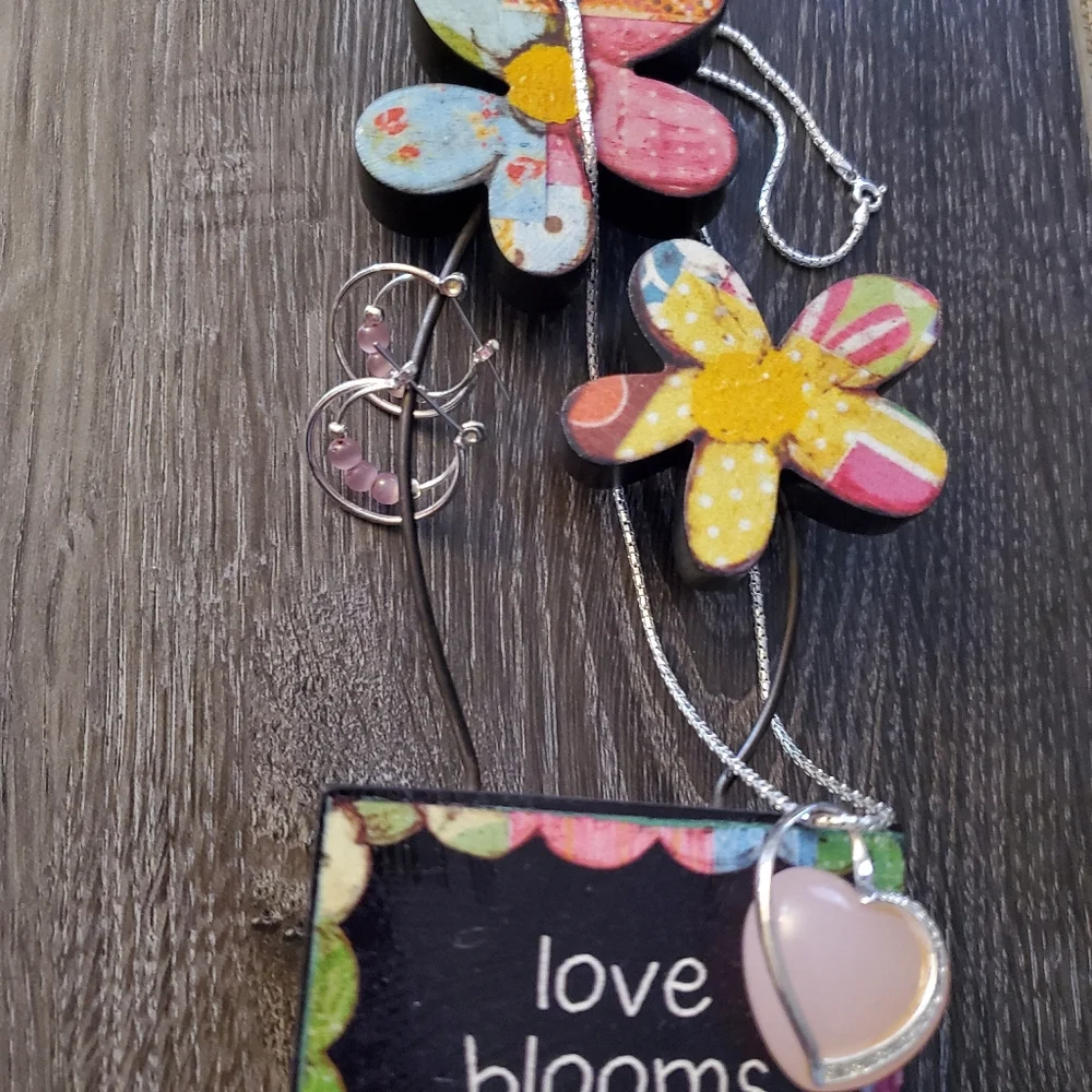 Silver tone Pink Heart Necklace and Hoop Earrings